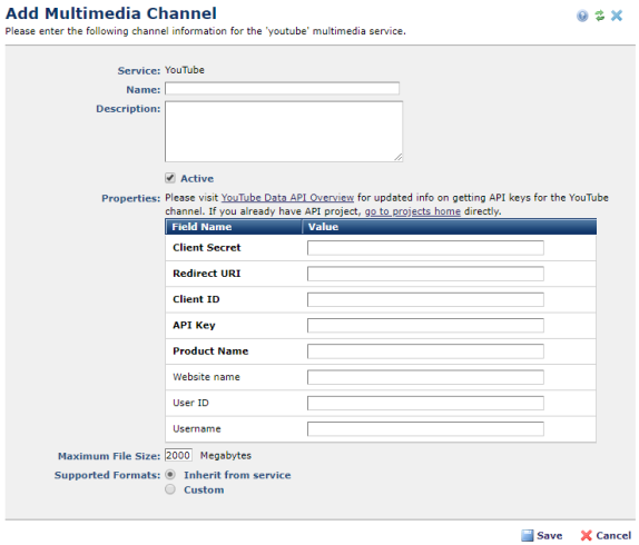 Add Multimedia Channel dialog