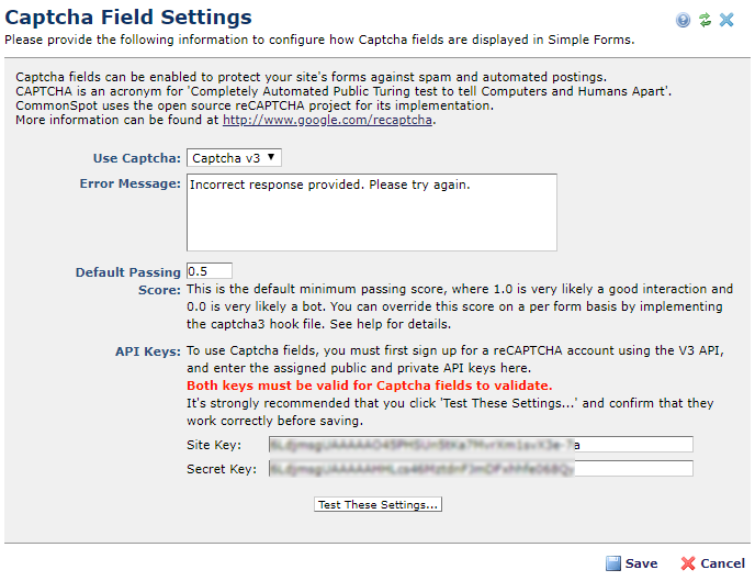 Captcha V-3 Field Settings dialog