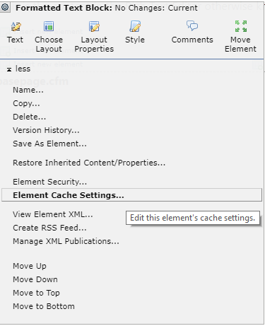 New Element Cache Settings menu item