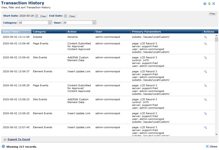 Transaction History dialog