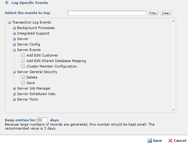 Server Transaction Log Settings dialog